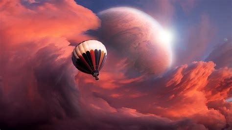 Hot Air Balloon Flying On Cloudy Sky Hd Wallpaper Wallpaper Flare