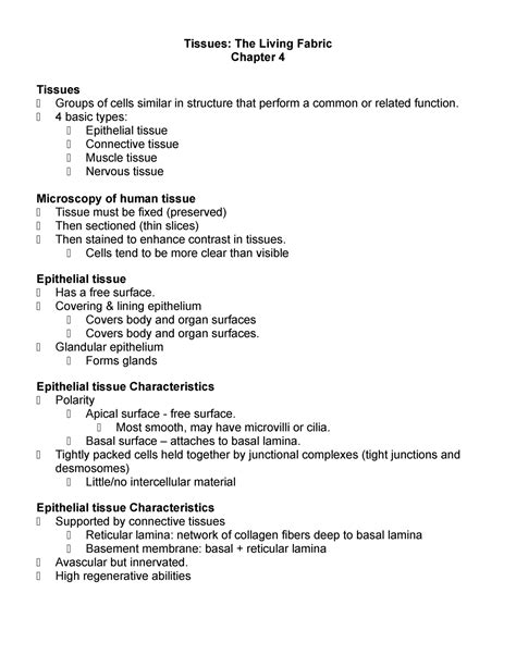 Chapter 4 Tissues - W/ Prof. Miller - Tissues: The Living Fabric