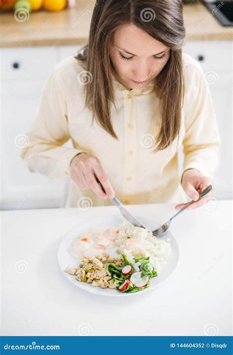 Young Woman Eating Healthy Food Having Lunch Meal Stock Photo Image