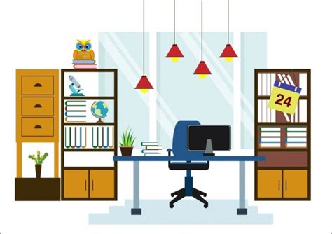 Office Workspace Decoration Shelf Table Hanging Lights Icons Vectors