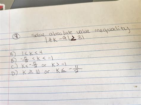 Solved (9) Solve absolute value ineapiality ∣4K−9∣≥3∣ A.) | Chegg.com