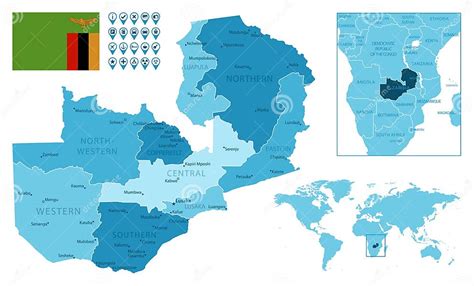 赞比亚详细行政蓝图，国旗和地点在世界地图上 向量例证 插画 包括有 旅游业 地球 国家（地区） 215720686