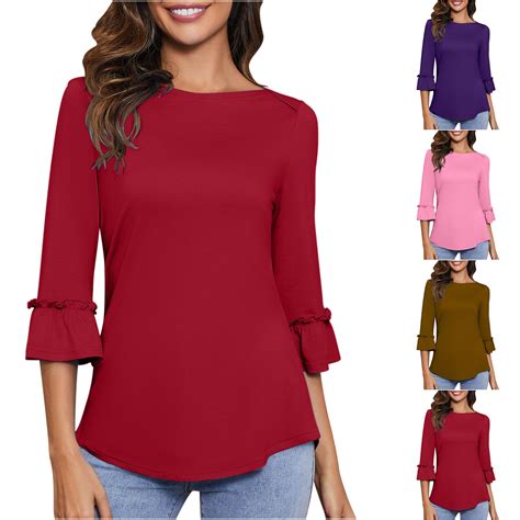 Lovskoo Summer Tops For Women 2024 Dressy Casual 34 Length Bell Sleeve Shirts Boat Neck Tunic