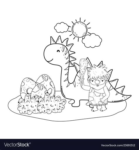 Caveman with dinosaur in the landscape Royalty Free Vector