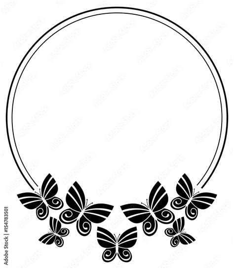 Black and white silhouette round frame with butterflies. Vector clip art. Stock Vector | Adobe Stock