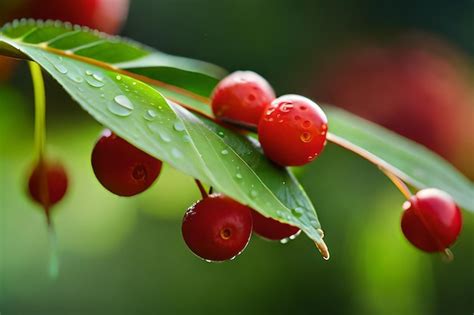 Cerezas En Una Rama Con Gotas De Lluvia Sobre Ellas Foto Premium