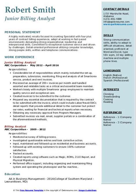 Billing Analyst Resume Samples QwikResume