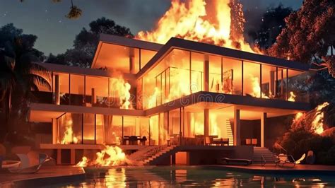 A Luxurious Modern House Engulfed In Flames At Night With Fire