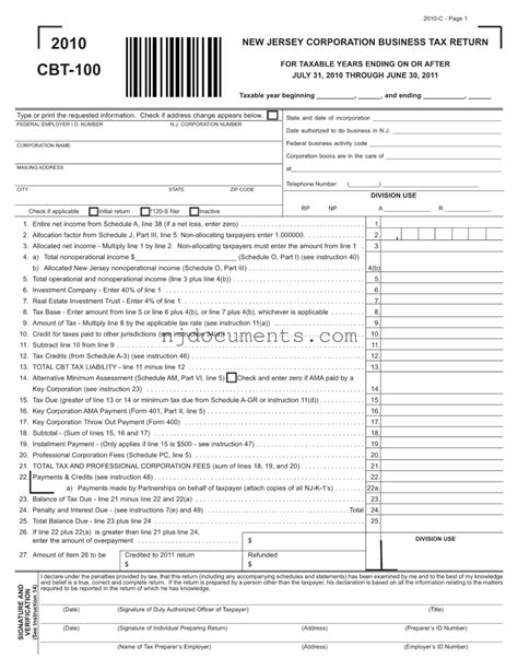 Free New Jersey Cbt 100 Template > Fillable Form