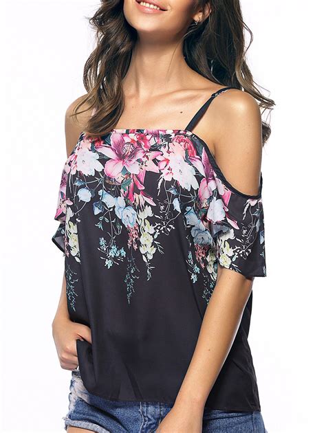 Off Sweet Short Sleeves Flounce Spaghetti Strap Printing Top For