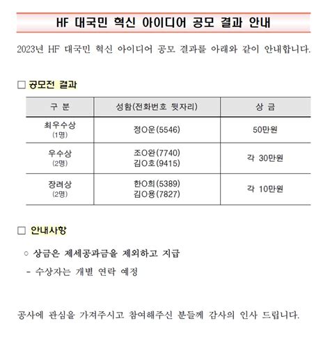 2023년 Hf 대국민 혁신 아이디어 공모 결과 안내 국민참여 한국주택금융공사