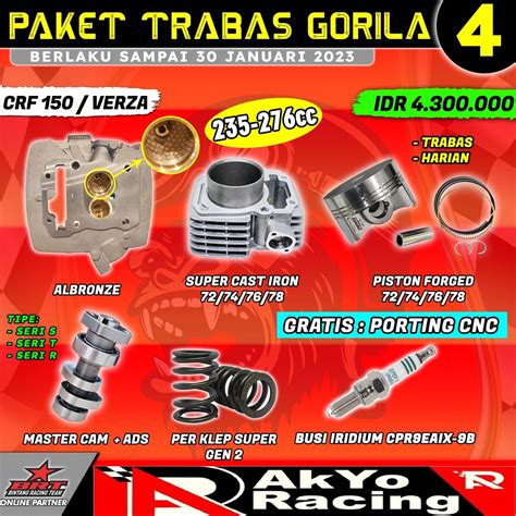 Jual PAKET TRABAS GORILA 4 BRT PAKET BORE UP 235CC 276CC CRF 150