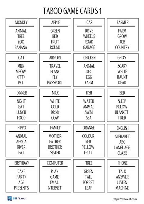 Printable Taboo Cards