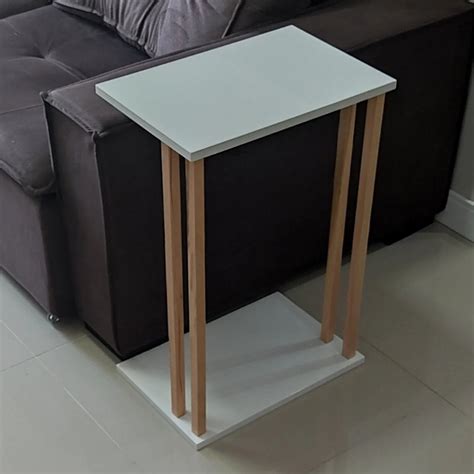 Mesa Lateral Jaque Pés Madeira Natural Base Laqueada Branco