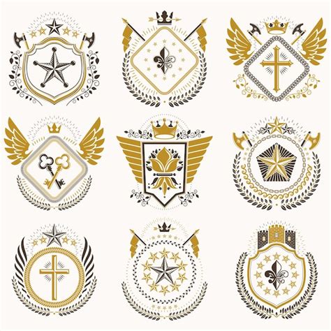 Premium Vector Heraldic Emblems With Wings Isolated On White Backdrop