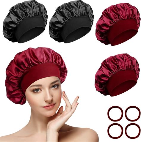 4 Pièces Bonnet Satin Cheveux Nuit et 4 Elastiques à Cheveux Bonnet de