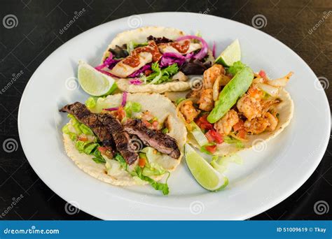 Chicken Steak Shrimp Tacos Stock Image Image Of Brown 51009619