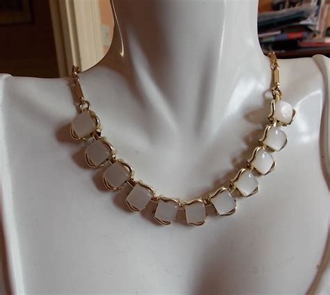 Vintage Gold Tone Choker Necklace White Moonglo Gem