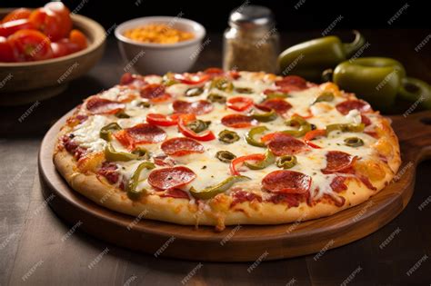 Premium Photo Pepperoni Pizza With Bell Peppers Tomato Olive And Cheese