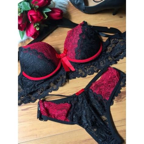 Conjunto Lingerie Dy Girl Calcinha Fio Duplo Preta Detalhes Vermelho Shopee Brasil