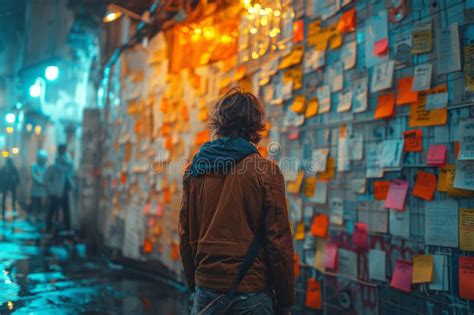 A Man Stands In Front Of A Wall Covered In Sticky Notes In The Urban