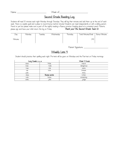 Second Grade Reading Log Template Printable Pdf Download