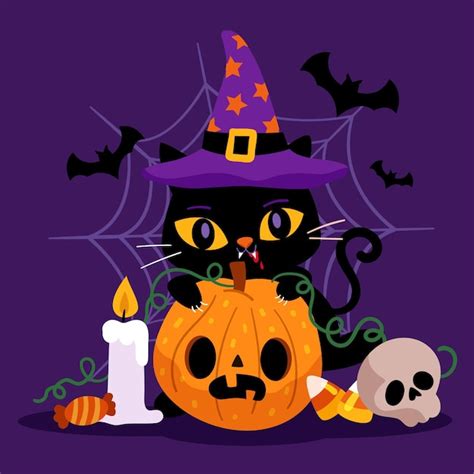 Gato de halloween de diseño plano Vector Premium