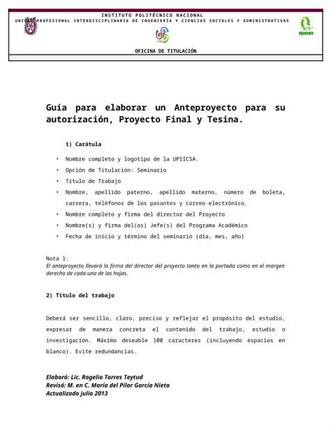 Docx Gu A Para Elaborar Un Anteproyecto Para Su Autorizaci N Docx