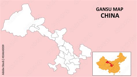 Gansu Map of China. Outline the state map of Gansu. Political map of Gansu with a black and ...