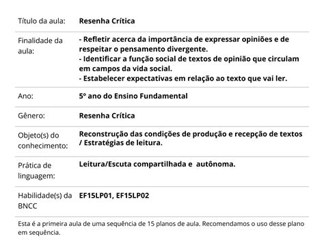 Resenha Cr Tica Planos De Aula Ano L Ngua Portuguesa