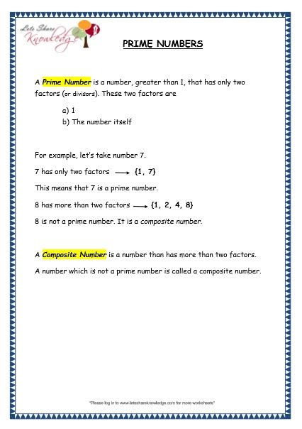 Grade 4 Maths Resources 111 Prime Numbers Printable Worksheets