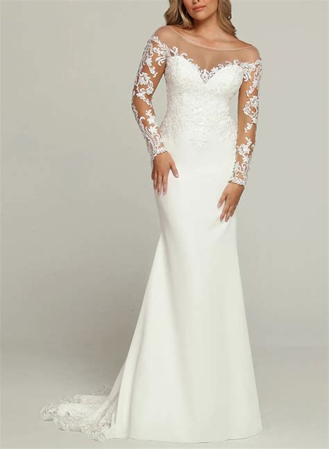 Elegant Long Sleeves Trumpet Mermaid V Neck Wedding Dresses Missacc