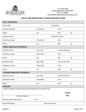 Fillable Online Policy Beneficiary Change Request Form Fax Email