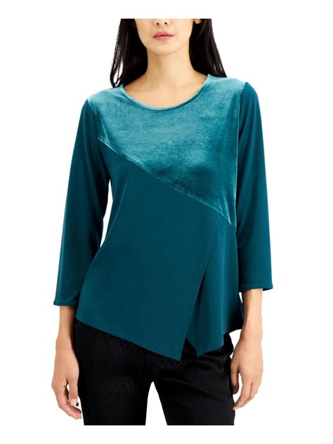 ALFANI Womens Teal Velvet Asymmetrical 3 4 Sleeve Scoop Neck Top S