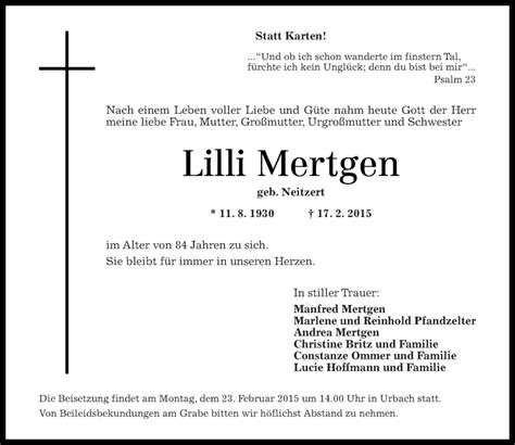 Traueranzeigen Von Lilli Mertgen Rz Trauer De