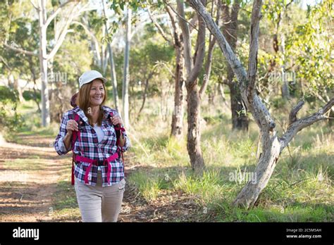 Portrait Active Attractive Mature Woman Hiking Happy And Relaxed With