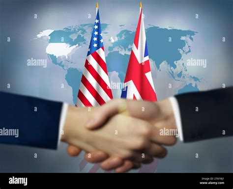 Two person shaking hands in front American,British flags.UK,USA ...