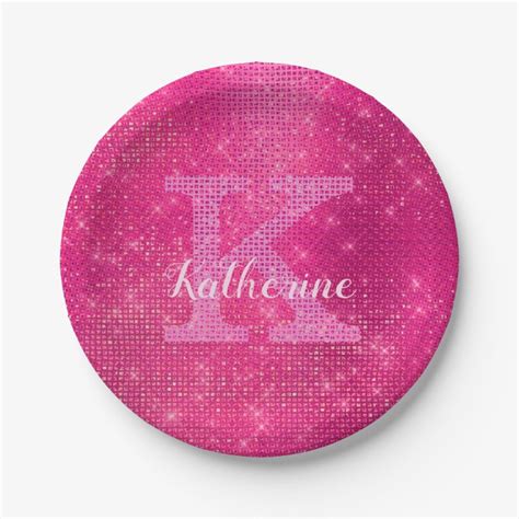 Girly Hot Pink Glitter Glam Sparkle Monogram Name Paper Plates Zazzle