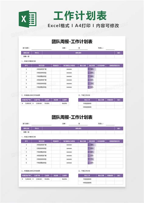 紫色简约团队周报工作计划表EXCEL模版模板下载 工作 图客巴巴