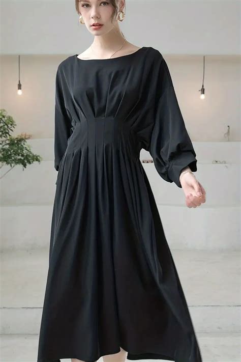 Solid Versatile Dress Elegant Crew Neck Lantern Sleeve Midi Temu