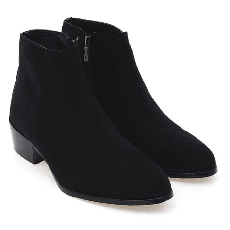 Men's Round Toe Side Zip Black Synthetic Suede Dress Boots