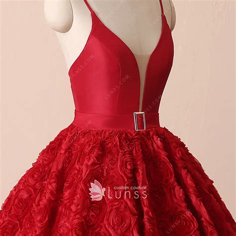 Sexy Plunging Neckline Red 3d Rose Princess Ball Gown Lunss