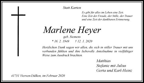 Alle Traueranzeigen für Marlene Heyer trauer rp online de