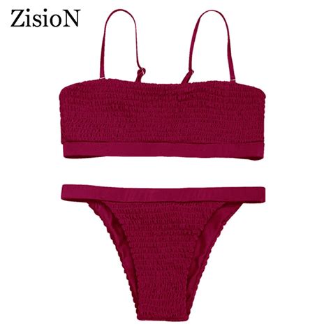 Zision Pleated Bikini Set Brazilian Thong Bathing Suit Sexy