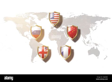 veto power countries flags in golden shield on world map background ...