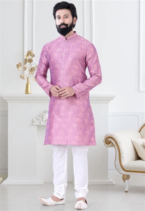 Digital Printed Art Silk Kurta Set In Pink Muy