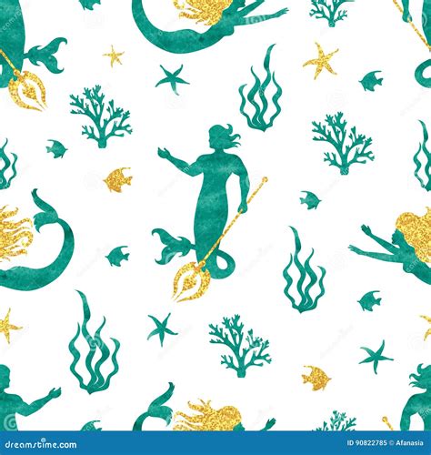 Watercolor Merman And Mermaid Pattern Cartoon Vector Cartoondealer