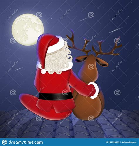 Santa Claus and Reindeer on the Roof Stock Illustration - Illustration ...