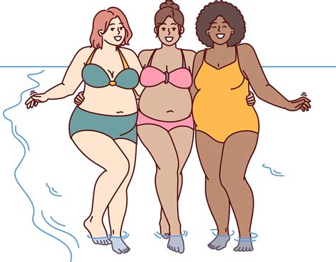 Cheerful Plus Size Women Dressed In Swimsuit Stand Hugging On Sunny Beach Near Sea Water