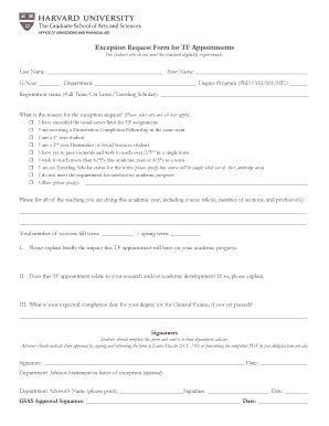 Fillable Online Oue Fas Harvard Exception Request Form For Tf